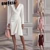 Women's Fashion Autumn Winter Solid Color Print Long Sleeve V-Neck Casual Dresses