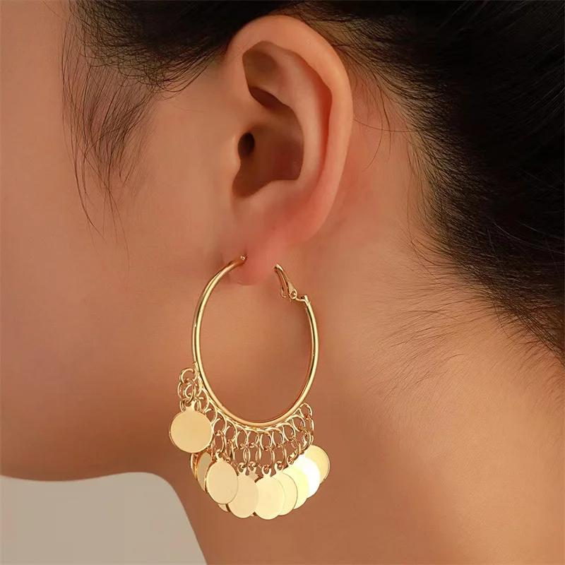 Vintage Bohemian-Style Large Hoop Earrings With Disc Pendants. These Sequined Earrings Are Stylish Geometric Round Pen