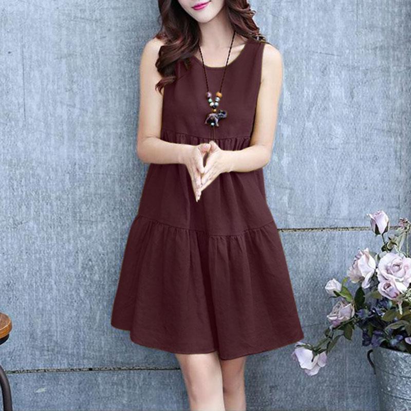 

ZANZEA Женское повседневное винтажное однотонное платье-майка с круглым вырезом и трапециевидной формы S вино красного