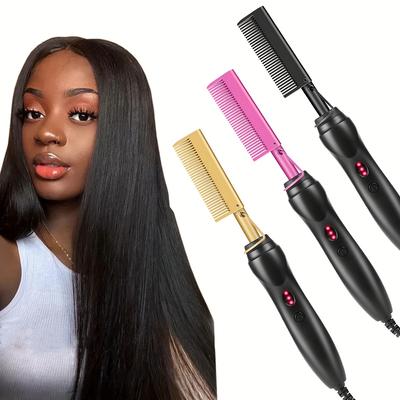 Plancha de pelo portátil de cerámica con peine caliente, peine de cobre con prensa de calor, cepillo para rizar/alisar el cabello, para barba, pelucas y cabello mojado.