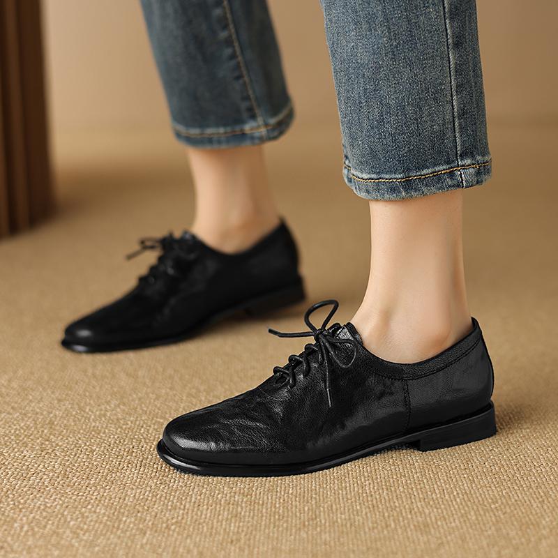 Mote 2025 Ny Vår Ekte Skinn Damesko Rund Tå Pumps Sko for Kvinner Loafers Damesko Retro Oxford