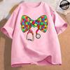 Cotton Breathable Childrens Tshirt Summer New Color Bow Cartoon Print Casual Parentchild Outfit Unisexs and Womens Tops