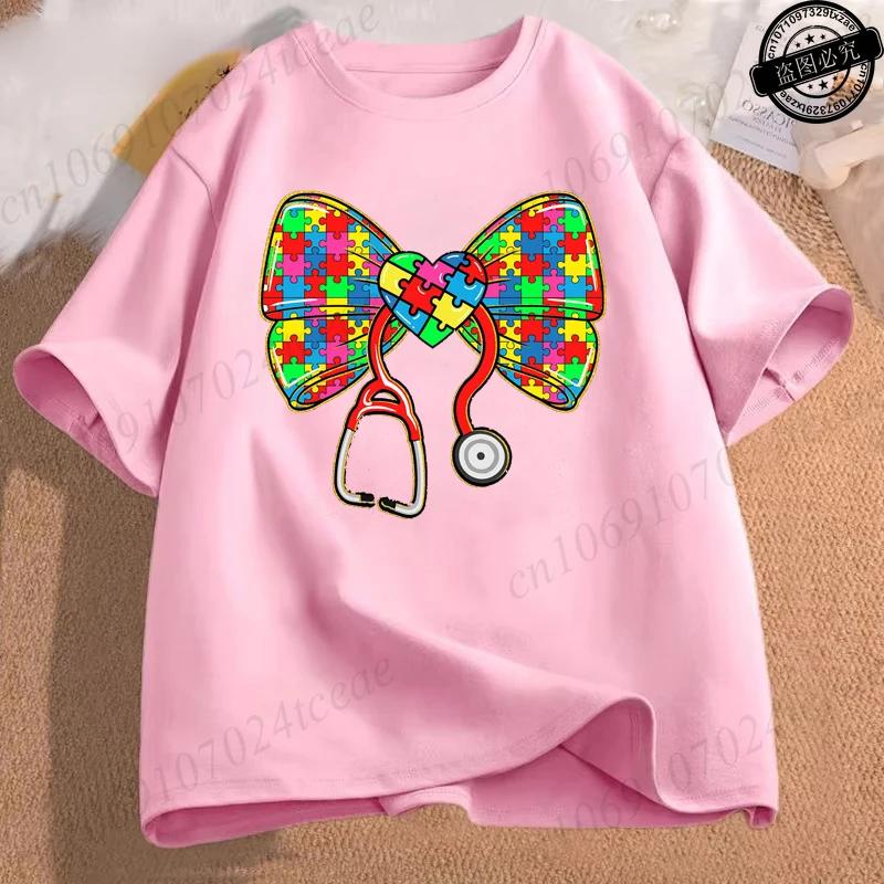 

Cotton Breathable Childrens Tshirt 2026 Summer New Color Bow Cartoon Print Casual Parentchild Outfit Unisexs and Womens Tops S