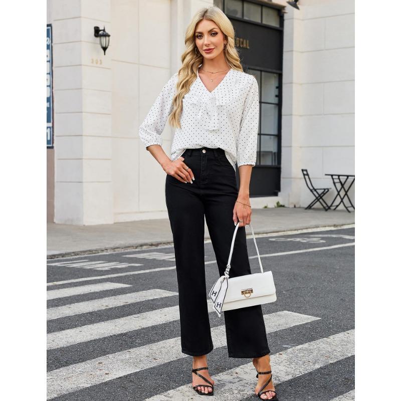 Women S V Neck 3 4 Sleeve Polka Dot Chiffon Blouse