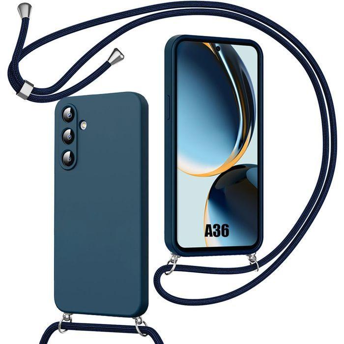 Coque pour Samsung Galaxy A36 5G, Antichoc Anti-Rayure Silicone avec Bandoulière - Bleu Marine