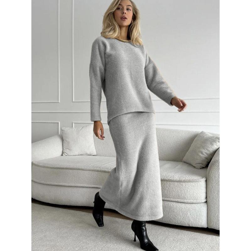 Women's Knitted Sweater 2 Piece Sets Winter Fall Lounge Long Sleeve Top Midi Dress Outfits Casual Chunky Sweater Skirt Sets for Women Loungewear Sets