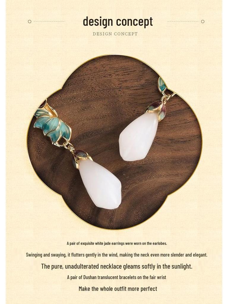 Cloisonné Magnolia Earrings with Gold-Plated Copper and Imitation Hetian Jade in Retro Court Style