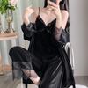 Women's Golden Velvet Lace Pajama Set: Camisole with Chest Pads & Robe—French-Inspired Autumn/Winter Nightgown