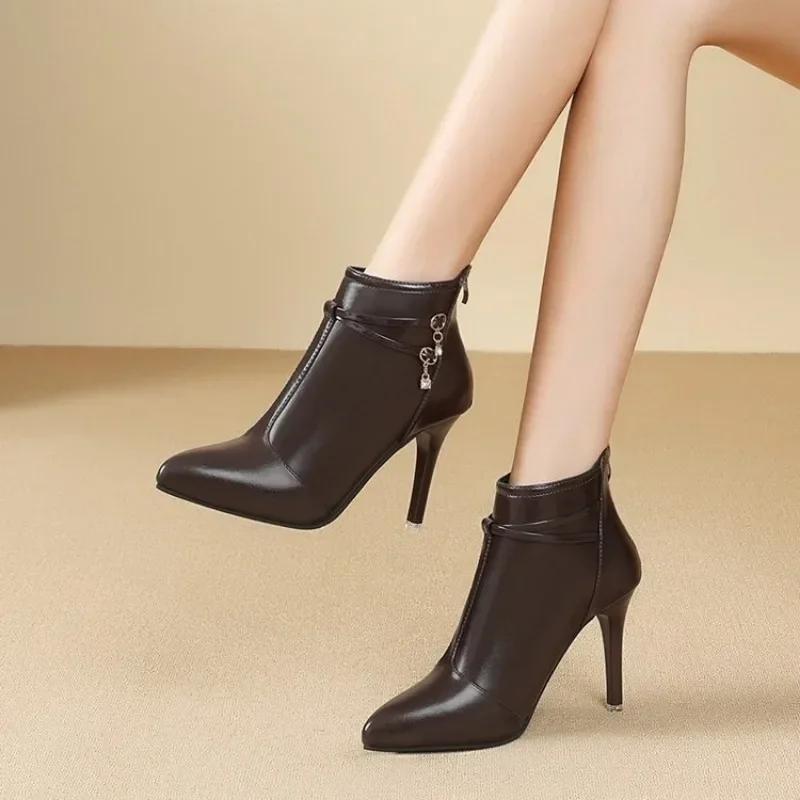 Vår Høst Høye Hæler Ankelstøvletter Dame Kjolesko Snøring Spiss Tå Botas Klassiske Rhinestone Ankelstøvletter Rød Svart Korte Støvletter