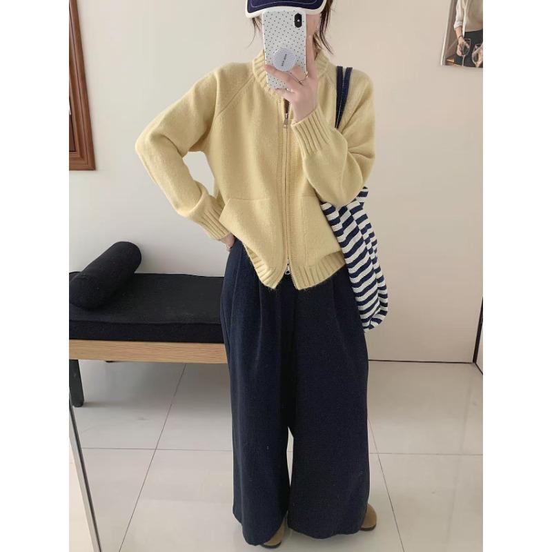 Autumn and winter new double pocket zipper knitted cardigan women's loose casual double head zipper knitted sweater jacket