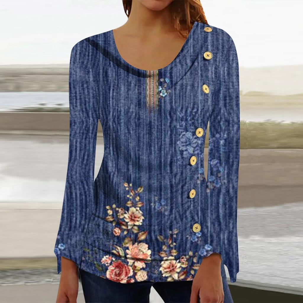 Women's Casual Fashion Button Pleated Long Sleeve Printed Top