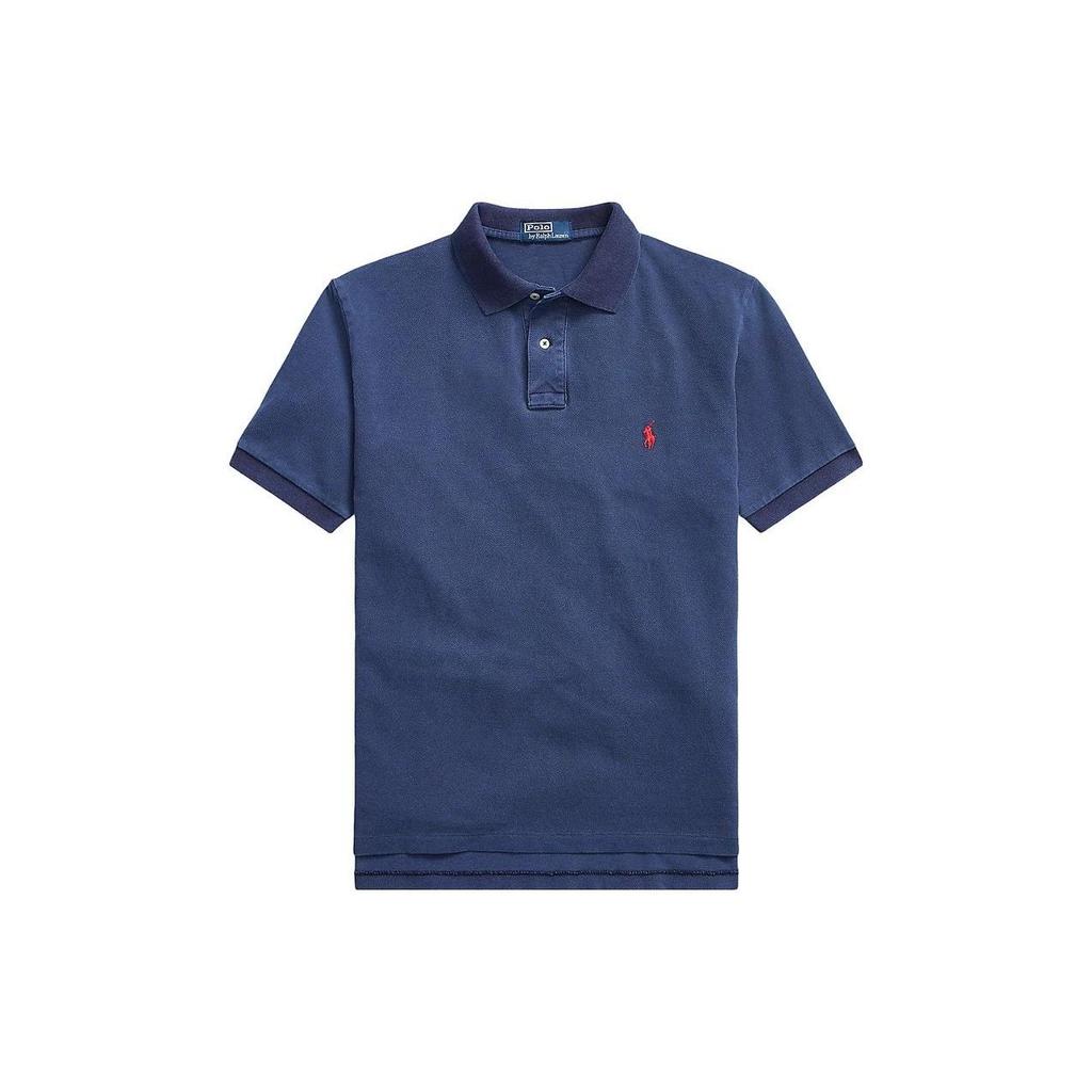 Polo Ralph Lauren SS23 Jednobarevné Pletené Přehozy s Vyšívaným Logem Střih Straight Krátký Rukáv Pánská Polokošile Modrá 710850860-010