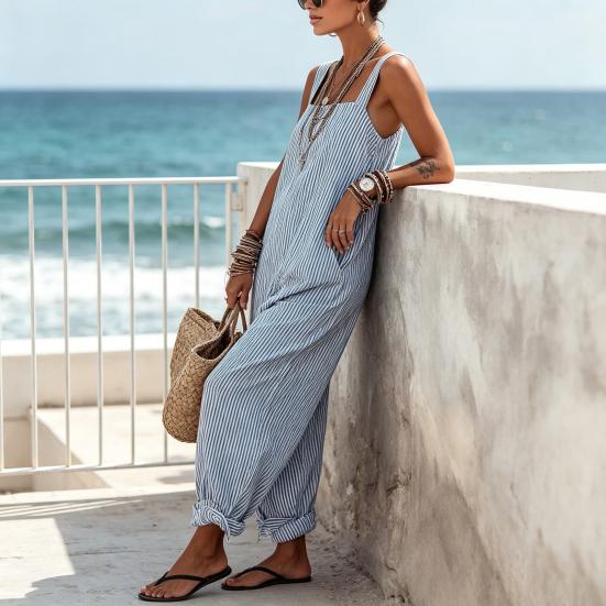 Loose Striped Wide Leg Jumpsuit for Women, Square Neck Sleeveless Wide Leg Rompers with Pockets, Casual Summer One Piece Outfit