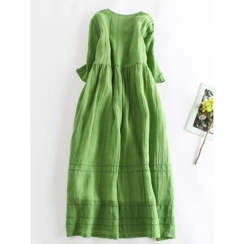 Japanese Style Summer Linen Dress Women Pure Color Slim Loose Long Dress Cotton Flowy Casual