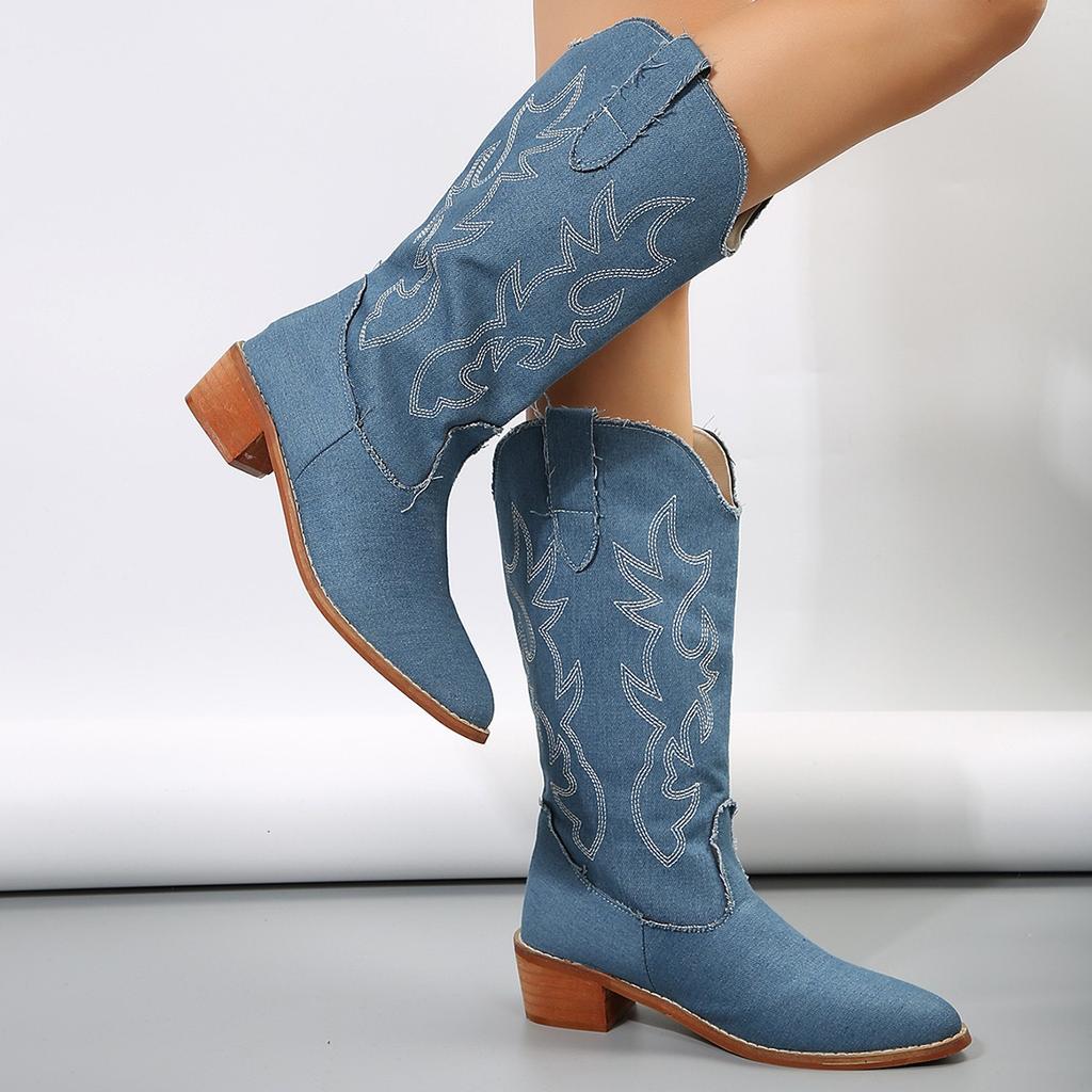 New Embroider Western Cowboy Boots for Women Knee High Boots Winter Shoes Wedge Heels Footwear Luxury Shoes Large Size