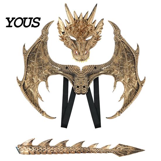 Dragon Dress Up Set Children's Costumes Set, with Mask Tail And Wing, Lightweight Red Blue Green Black Wings Cosplay Costumes, for Ages 3-12