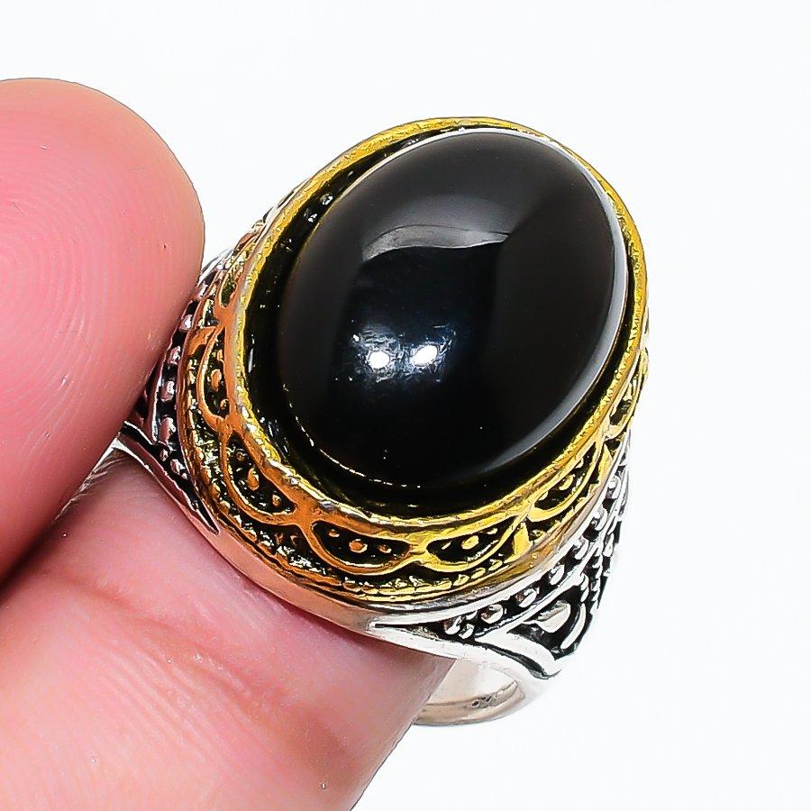 Natural Black Onyx Gemstone 925 Sterling Silver Jewelry Ring Size 7.5 RR-517