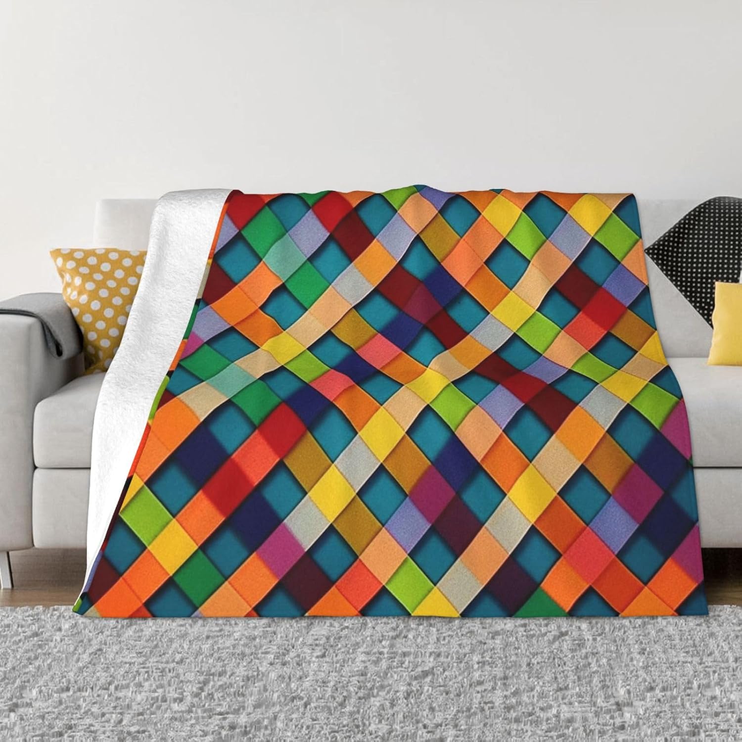 Jessica Chen Unisex Colorful Plaid Blanket Super Soft Cozy Fleece Throw Blankets For Couch Bed Travel, Lightweight Air Conditioning Blanket Seasons