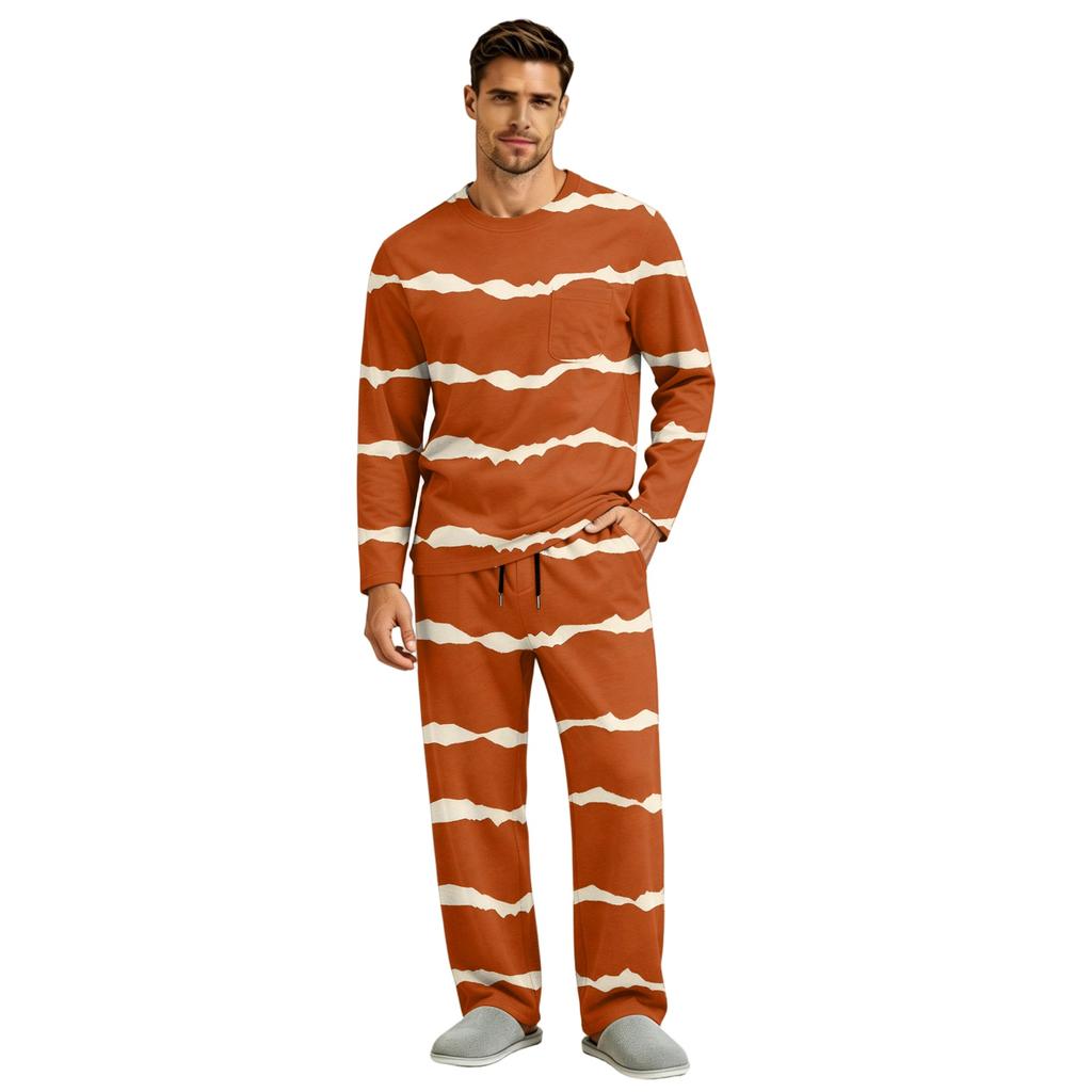 Men's Pajama Set Long Sleeve Top and Long Pants with Button Crotch and Elastic Drawstring Waist for Home Loungewear
