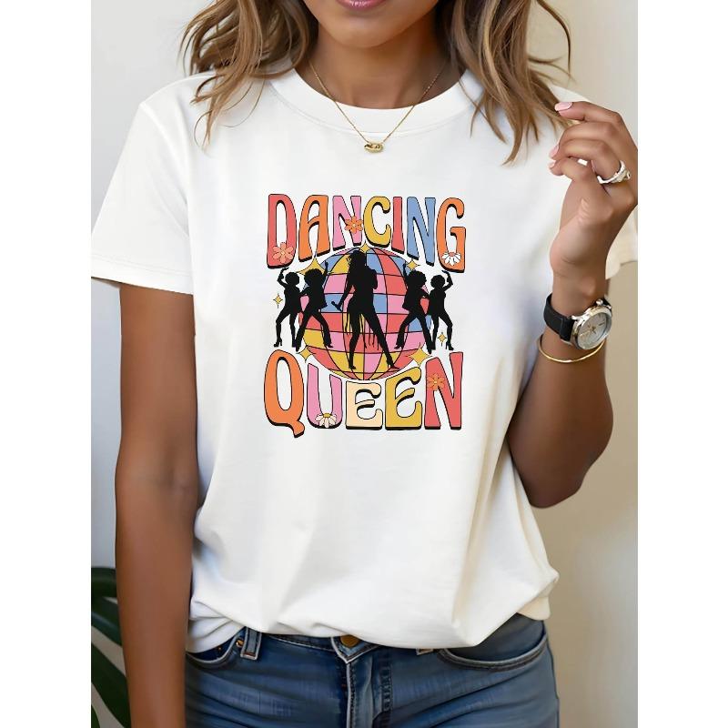 T-shirt da Donna Girocollo Manica Corta con Stampa Grafica DANCING QUEEN per Primavera ed Estate, Perfetta per Uscite Casual, Regali per le Feste, Incontri tra Amici