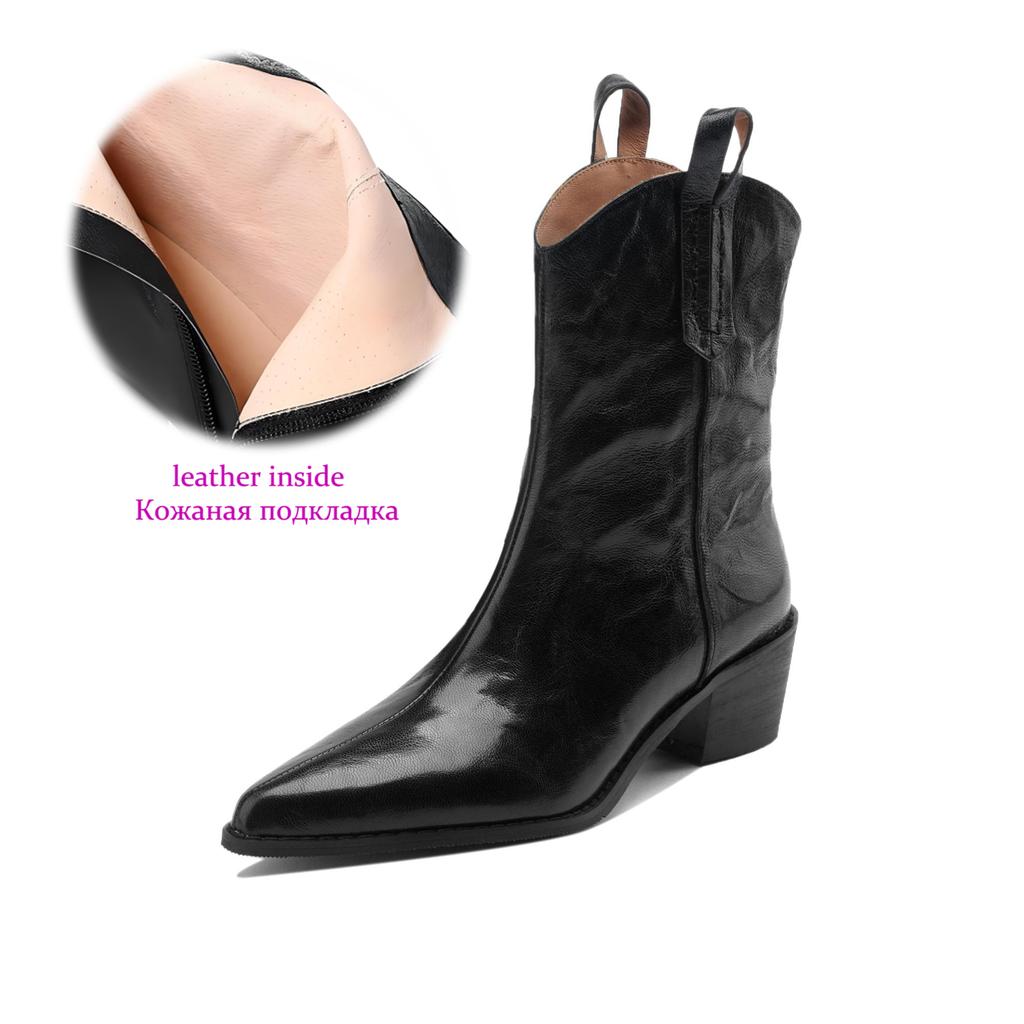 Krazing Pot Sheep Skin Autumn Winter Shoes Thick High Heels Size 43 Western Boots Slip on Ankle Boots