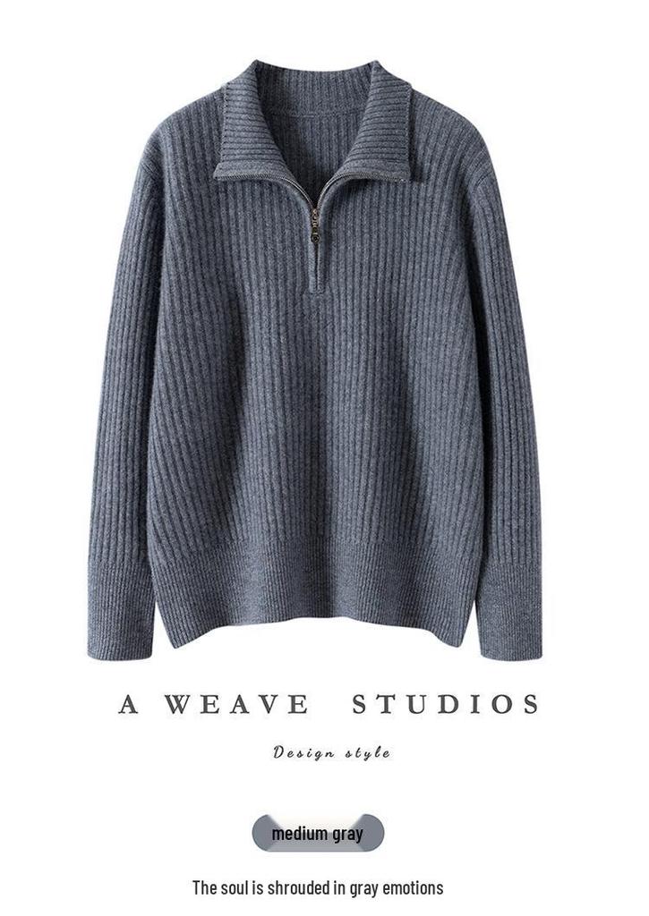 Elegant European Cashmere Lambswool Zip-Up Sweater for Women