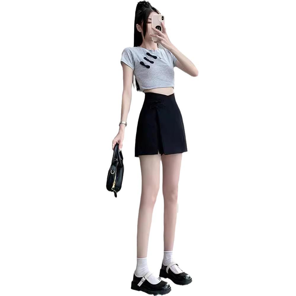 High Waist Chinese Style Midi Skirt with Irregular Frog Closure and Slit - Women's Summer Slimming A-Line Skirt Pants
