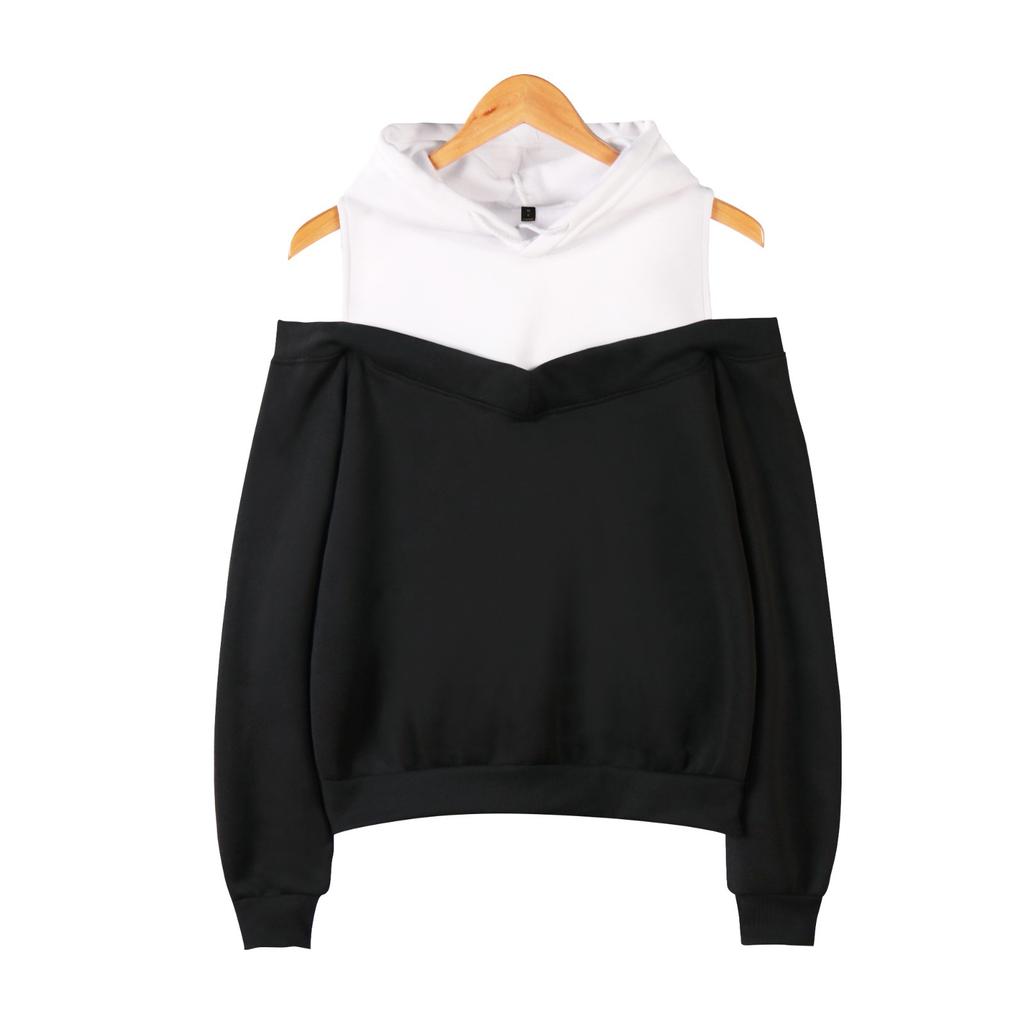 Ladies' Fashion Trend Off Shoulder Fake Two-piece Hooded Sweatshirt