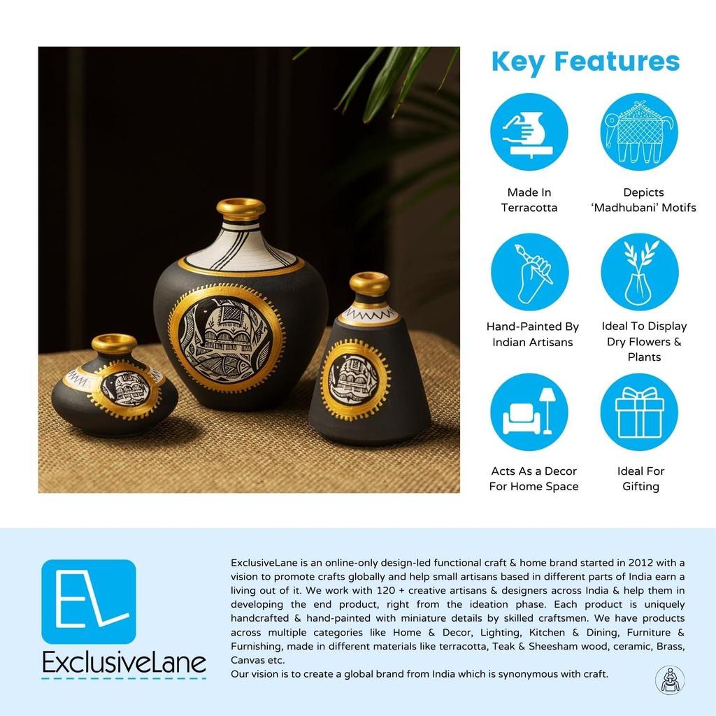 Terracotta Pots Flower Vases for Living Room Terracotta Decorative for Home & Decorative Vase for Home Decor ( Jet Black, Golden & White)