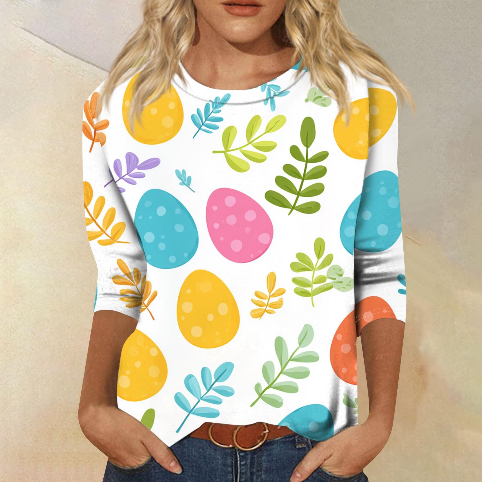 

Women s Fashion Casual Sleeve Easter Elements Print Round Neck Top L жовтий
