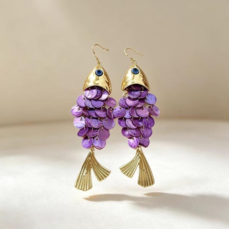 Blue Sense Fish-Shaped Earrings Creative Multi-Layer Shell Scaly Tassel Drop Earrings Niche Summer Beach Vacation Jewelry