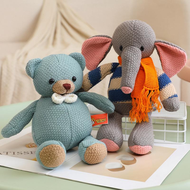 Knitted Animal Series Soft Stuffed Plush Toy Cute Rabbit Elephant Giraffe Woodland Plushies Doll Jungle Safari Birthday Kid Present