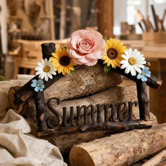 House Plate, Handmade Rustic Wall Door Sign, with Seasonal Flowers And Hemp Rope Lanyard, for Holiday Decoration
