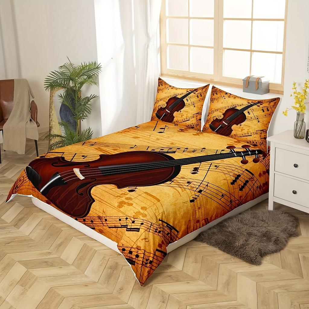 Violin Theme Duvet Cover Set Queen Size Music Notes Bedding Set 3pcs For Women Men Xmas Bedroom Decor Violin Music Lover Comfort