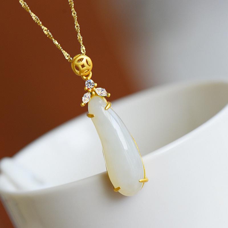 Gold Inlaid Jade Bean Pendant – Chinese Style Women s Fashion Necklace