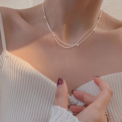 2026 S925 Silver Double Layer Snake Chain Clavicle Bead Chain Necklace Female Fashion Hip-Hop Retro Unique Design Fine Jewelry