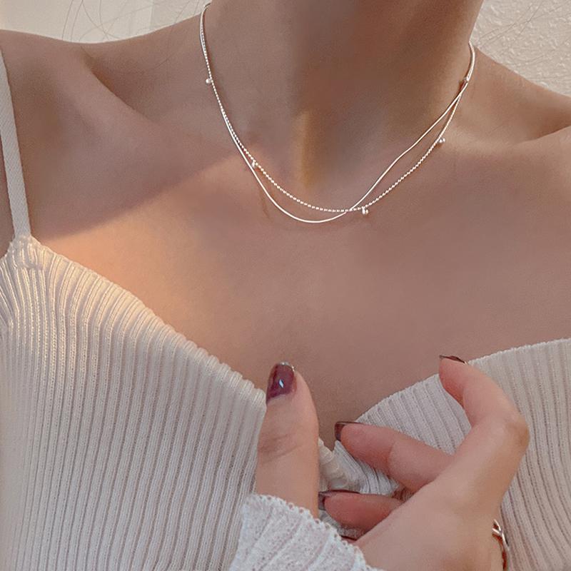

2026 S925 Silver Double Layer Snake Chain Clavicle Bead Chain Necklace Female Fashion Hip-Hop Retro Unique Design Fine Jewelry