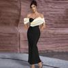 French Strapless Patchwork Waist-Cinching Slim Fit Bandage Evening Dress