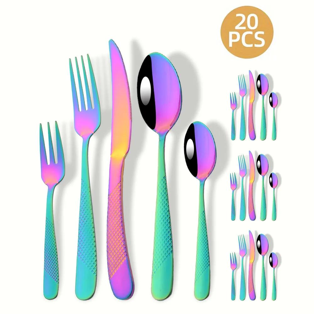 20Pcs Stainless Steel Flatware Cutlery Set Dinner Gold Dinnerware Set Steak Knife Fruit Fork Spoon Kitchen Tableware Set