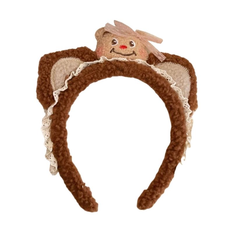Lace Plush Bear Hairhoop for Adult Children Theme Party Props Cartoon Bear Headband for Women Face Washing Kids Birthday