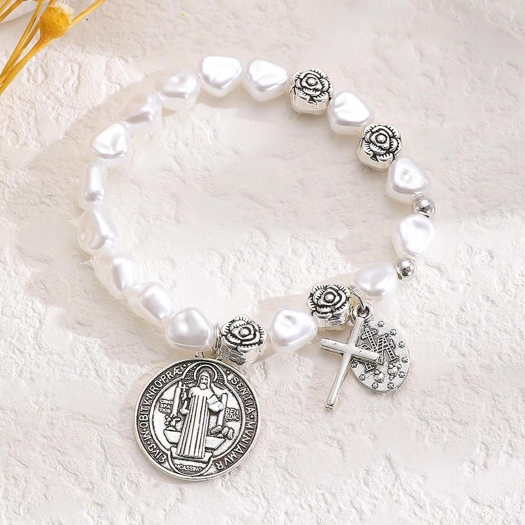 Retro Virgin Mary Pendant Pearl Bracelet with Oval Charm and Flower Design for Women