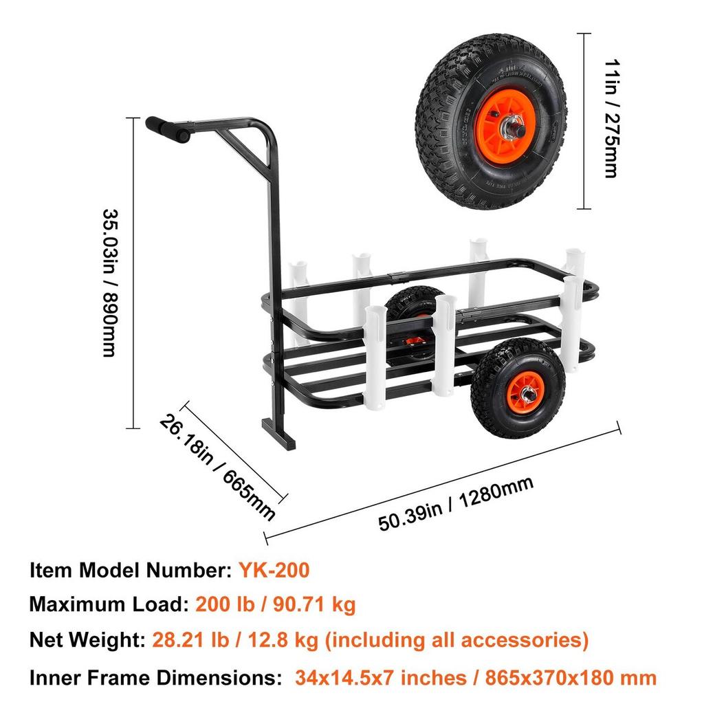 Beach Fishing Cart, 200 Lbs Load Capacity, Fish and Marine Cart with Two 11" Big Wheels Rubber Balloon Tires for Sand, Heavy-Duty Steel Pier Wagon