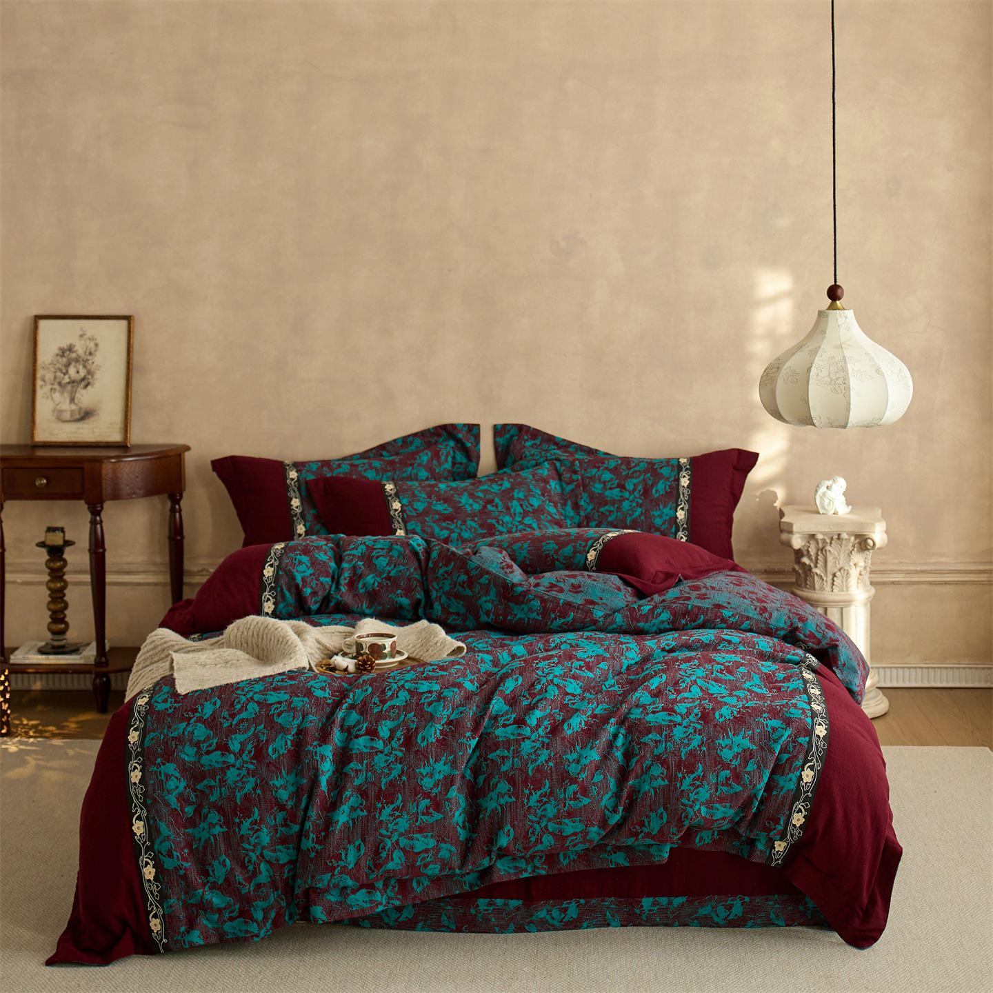 

60s Chinese Retro Style Pure Cotton Double-Layer Gauze 4-Piece Bedding Set with Embroidery Lace 1.5m Bed Sheet Set
