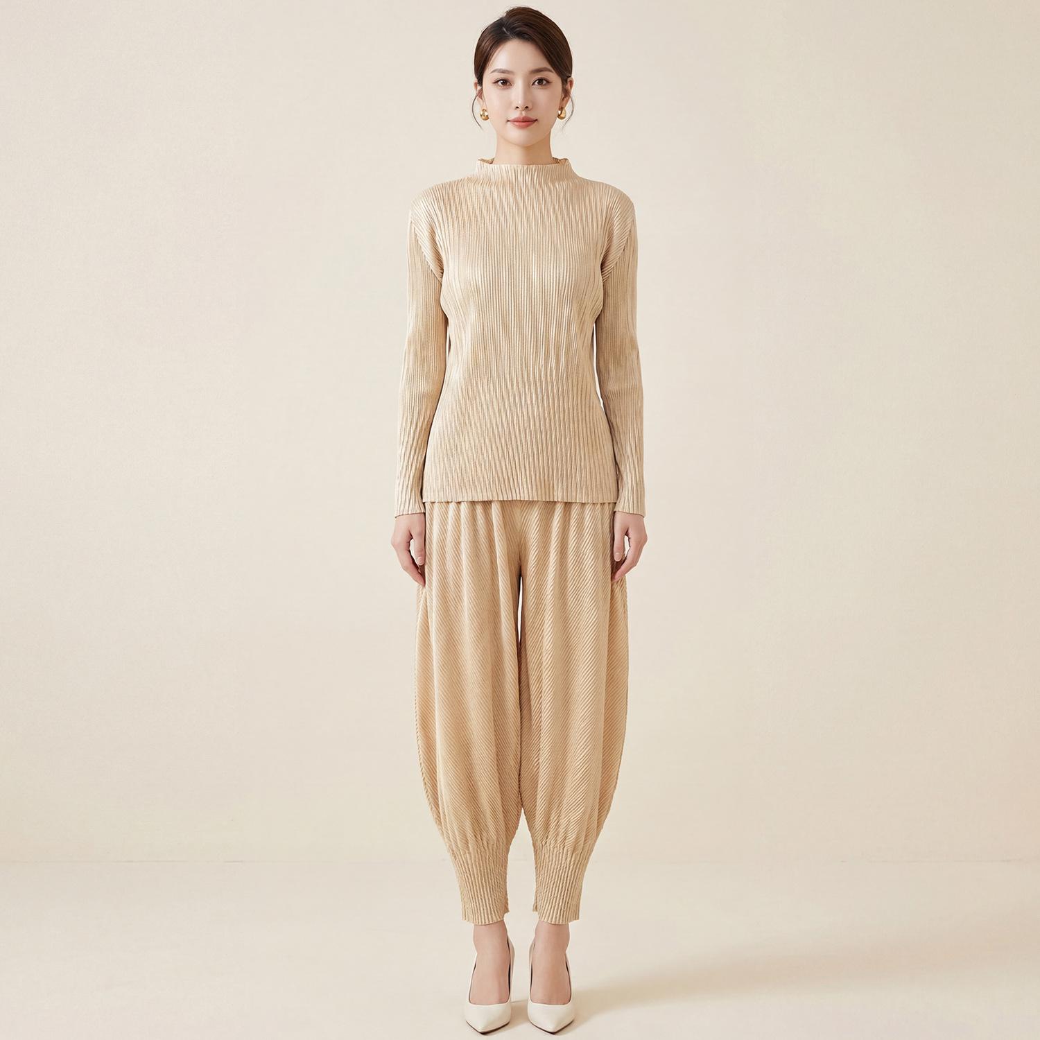 

Miyake High-End Women s 2026 Set: Long-Sleeve T-Shirt & Loose Harem Pants Two-Piece Top Only абрикосовий
