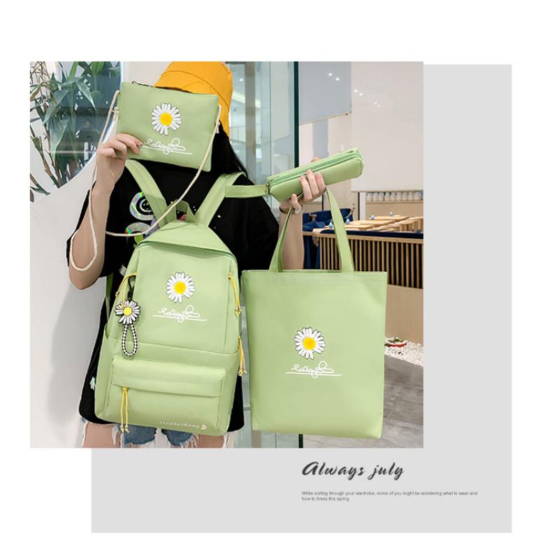 School Opening Must Have Small Daisy Printed Backpack Large Capacity Student Canvas Book Bag Korean Version Girl Four-piece Knapsack Set