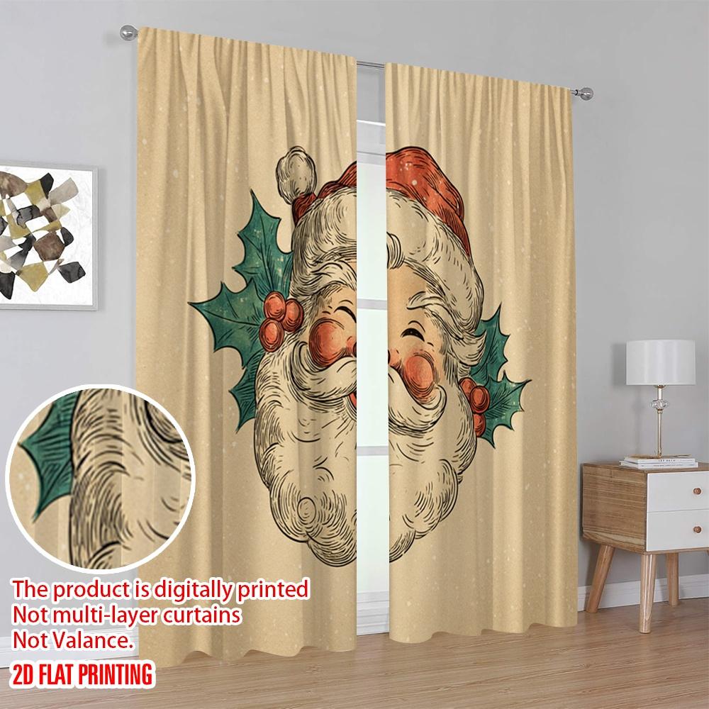 2pcs,2D Plane Printing Print Curtains Vibrant Santa Claus Head Polyester Woven (without Rod) All Seasons Ldeal for Various Room