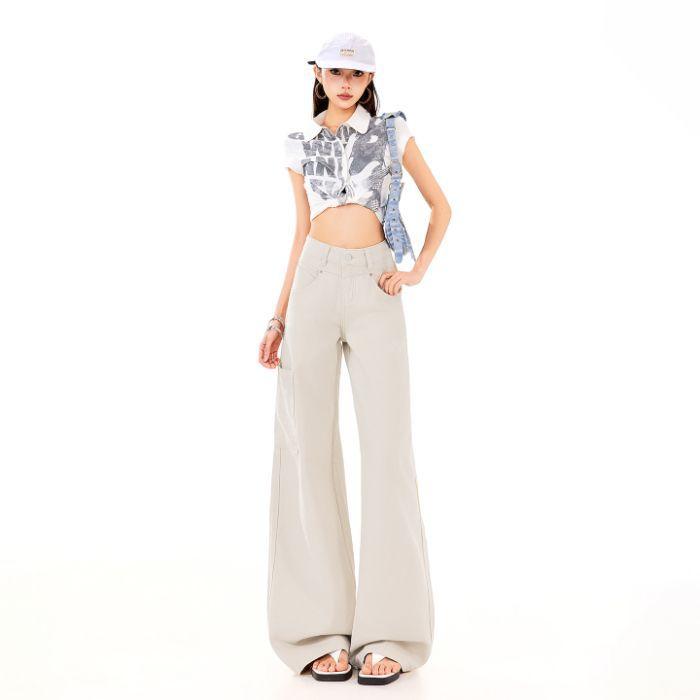 Spring Summer Vintage Light Khaki Relaxed Slim Floor Wide Leg Denim Pants For Women Casual Pants Oversize Denim Trousers XS