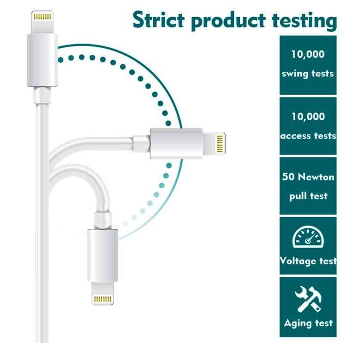3pcs Câble Chargeur 1M, Câble pour iPhone iPad iPod avec Aluminium Connecteur Résistant, Ultra Rapide Cable USB Chargeur - Blanc