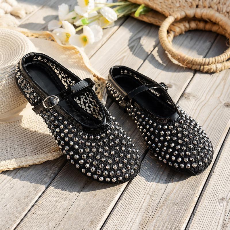 Large Size Mesh Rhinestone Sandals Women's Summer New One-word Buckle Fashion Casual Single Shoes Breathable Mesh Shoes