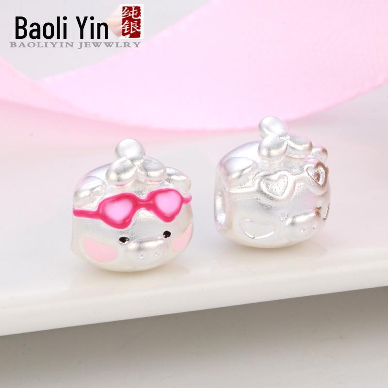 Sterling Silver 999 Lulu Pig Charm: Pure Silver Dragonfly, Bamboo, Braided Rope Beading Accessories, Little Pig Cartoon Luck Bead.